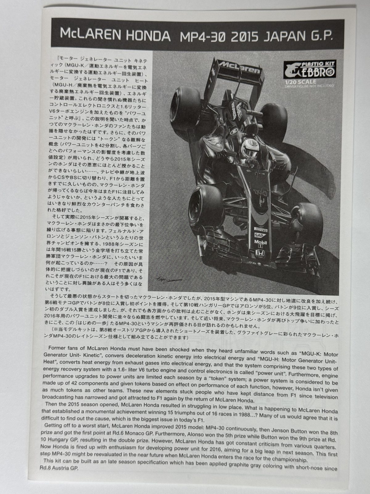 EBBRO McLAREN HONDA MP4-30 JAPAN GP 1/20 model kit — contents photo 4