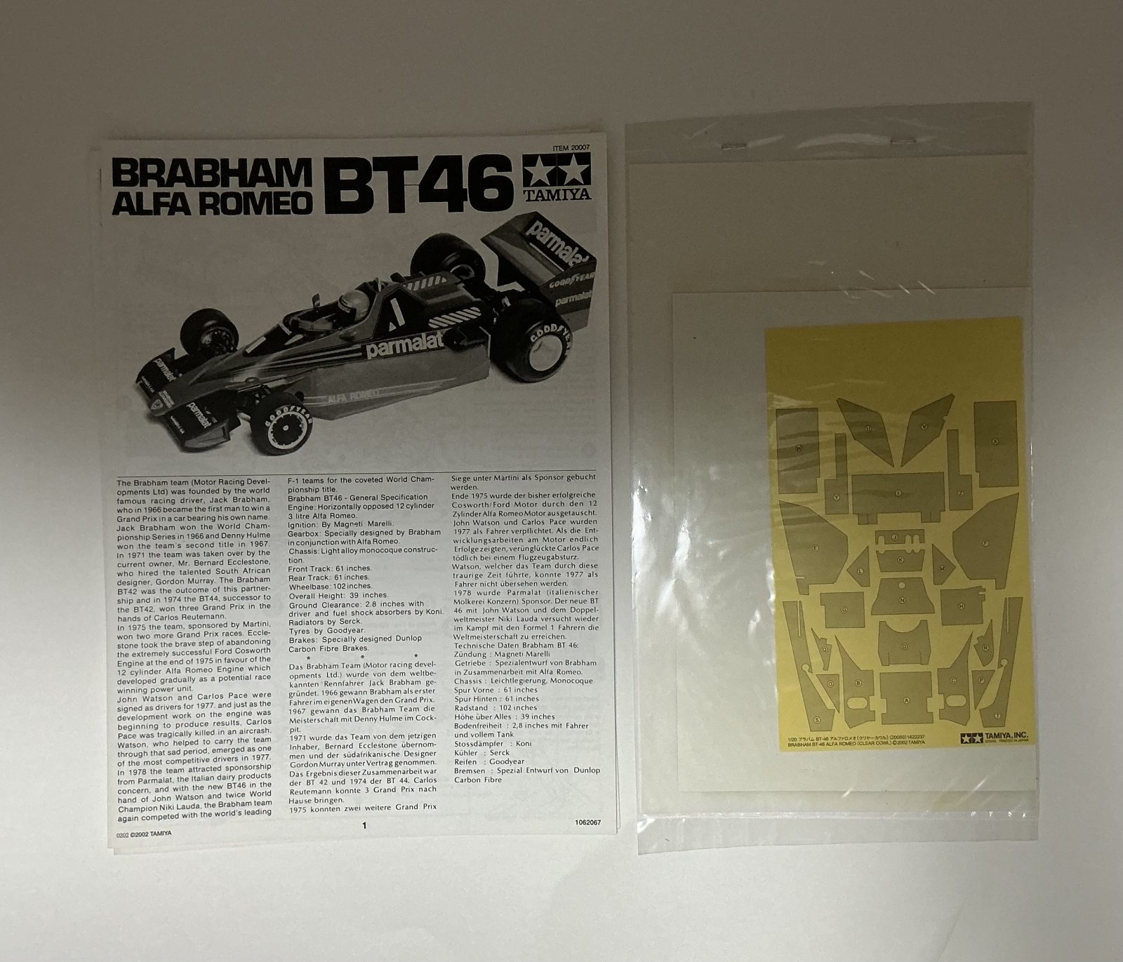TAMIYA BRABHAM BT46 ALFAROMEO [CLEAR COWL Edition] 1/20 model kit — contents photo 6